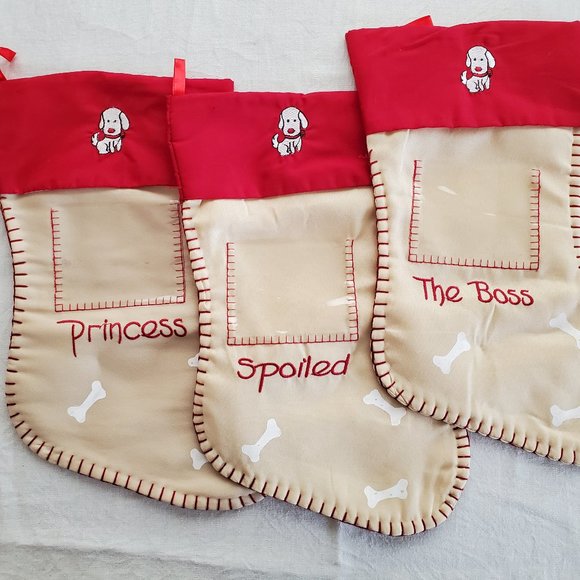Set of 3 Red Pampered Dog Christmas Stockings Spoiled Princess Boss 16"x8" - Picture 3 of 10